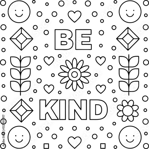 Line Art Black and White Pattern Featuring Hearts, Flowers, Smiling Faces and Geometric Shapes