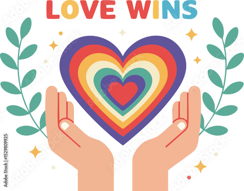 Rainbow heart held by hands with love wins text colorful pride illustration 