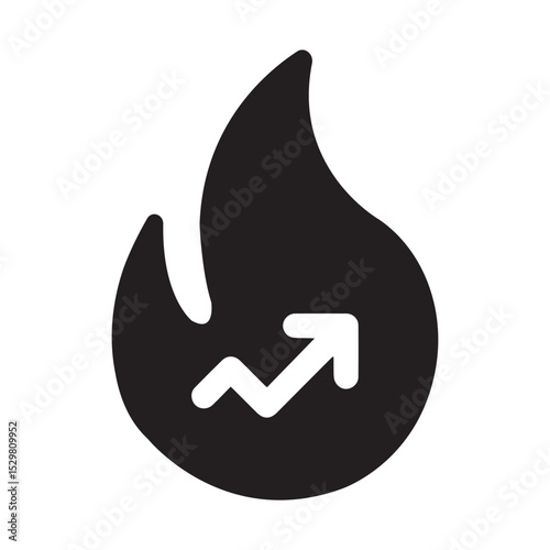 icon of flame with upward arrow and growth line, symbolizing rising success or energy, graphic design element