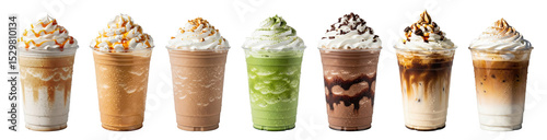 frappe collection with diverse flavors: caramel, salted caramel, hazelnut, matcha, mocha, espresso, classic frappe