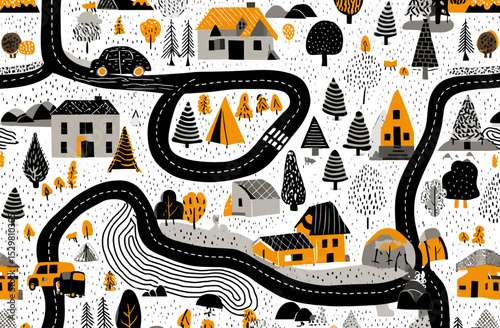 Whimsical Town Seamless Pattern Vector Illustration of Houses, Trees, and Roads