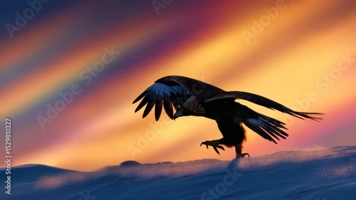 Golden eagle in flight over a snowy mountain range at sunset.