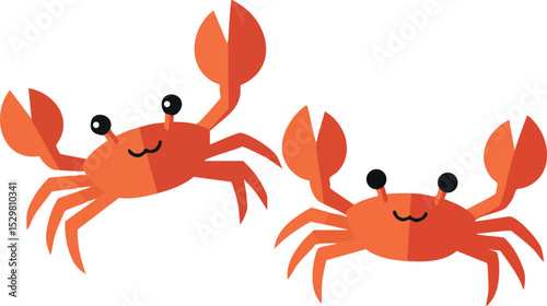 Two happy red cartoon crabs with raised claws vector illustration 