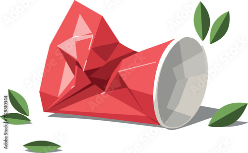 Crumpled Red Paper Cup with Green Leaves Littering Environment Pollution Vector Illustration 