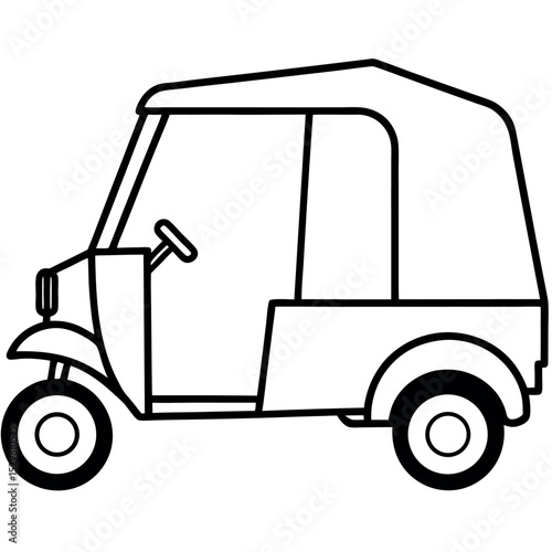 Black and White Outline Illustration Classic Tuk Taxi Side View