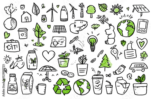 Vector Set of Simple Ecology and Sustainability Icons Green Energy, Recycling, and Environmental Conservation