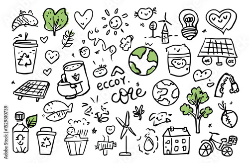 Hand-Drawn Ecology Icons Green Living, Sustainability, and Eco-Friendly Vector Illustrations