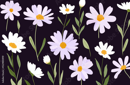 Elegant Vintage Floral Pattern with Daisies and Leaves Purple and White Flower Design