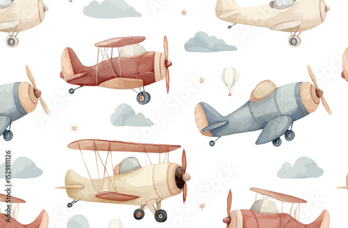 Adorable Watercolor Airplane Pattern Seamless Design for Kids