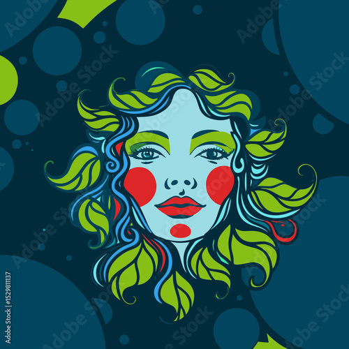 Illustration of a woman's face with leaves and red cheeks
