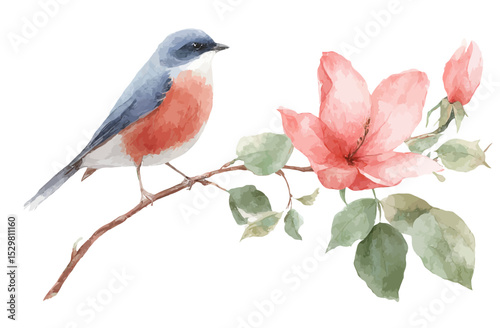 Watercolor Painting of a Bird Perched on a Delicate Pink Flower Branch
