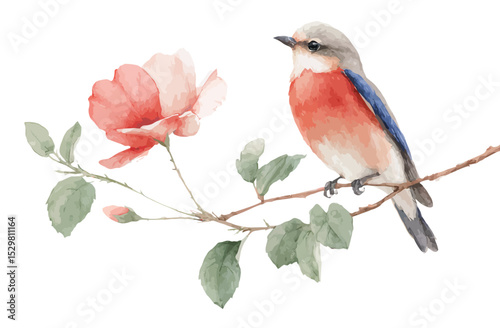 Watercolor Painting of a Bird Perched on a Delicate Flower Branch
