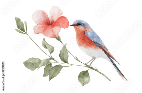 Watercolor Painting of a Bird Perched on a Delicate Flower Branch
