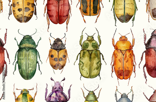 Vibrant Watercolor Beetle Pattern A Collection of Colorful Insect Illustrations