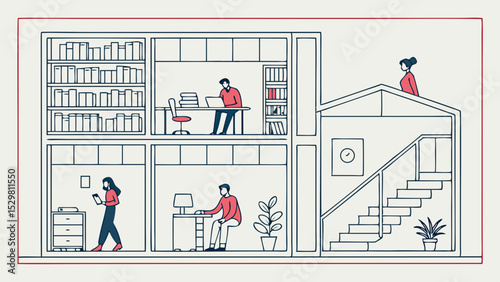 Multilevel open plan office depicting various work scenarios and professional environments