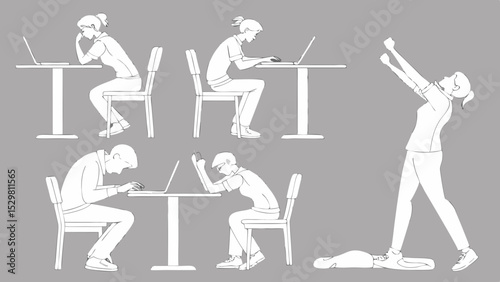 Outlined people working on laptops with different postures and expression, digital art