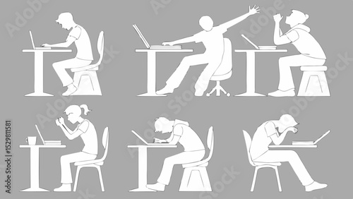 Silhouetted people using laptops displaying various emotions on transparent background