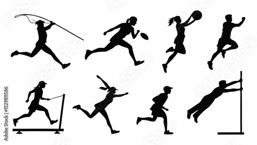 Silhouette sports athletes in motion featuring diverse disciplines and activities