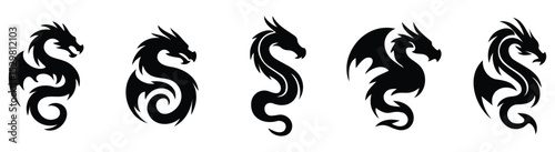 Stylized dragon silhouette icon set in curved and fierce black fantasy forms