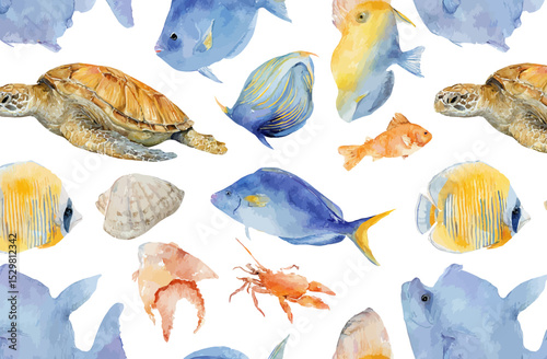 Vibrant Watercolor Sea Life Pattern Fish, Turtles, and Shells