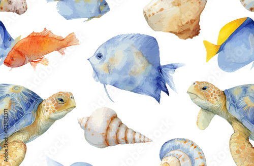 Watercolor Sea Life Pattern Seamless Vector Design with Fish and Turtles