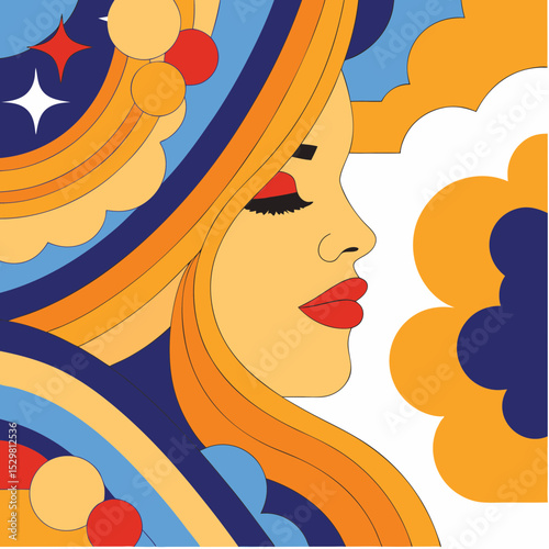 Retro woman portrait with colorful psychedelic background