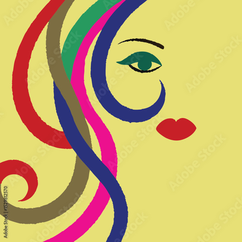 Abstract portrait with colorful flowing hair and yellow face