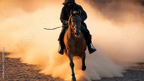 Equestrian in motion, raising dust.