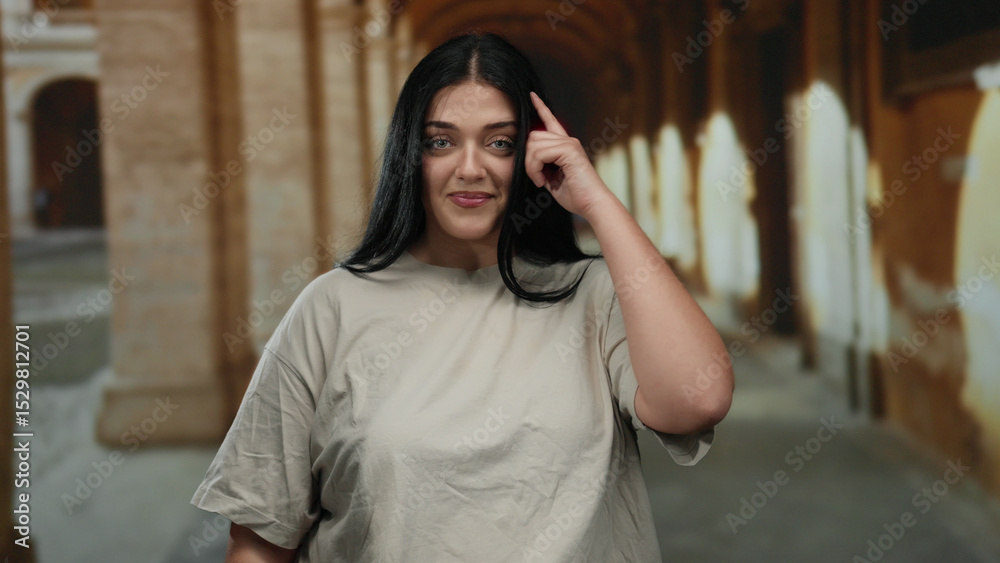 Fototapeta premium Young plus size woman making gesture indoors at old university corridor with arches, showcasing confidence and casual style.