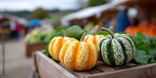 seasonal decor inspiration, outdoor natural light captures a blurred autumn market with shoppers and a decorative mini pumpkin and gourd arrangement ideal for seasonal decor photo