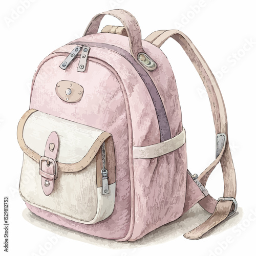 Detailed pencil sketch of a children's backpack in pastel pink for school or travel with copy space