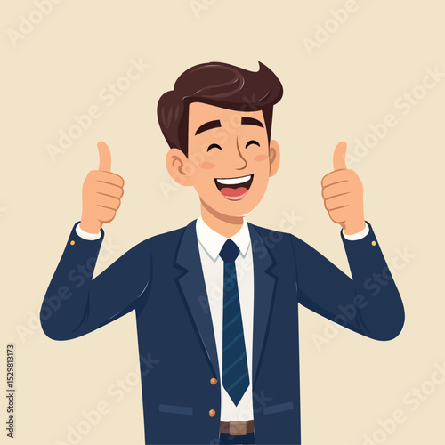Enthusiastic Success: Happy Businessman with Double Thumbs Up