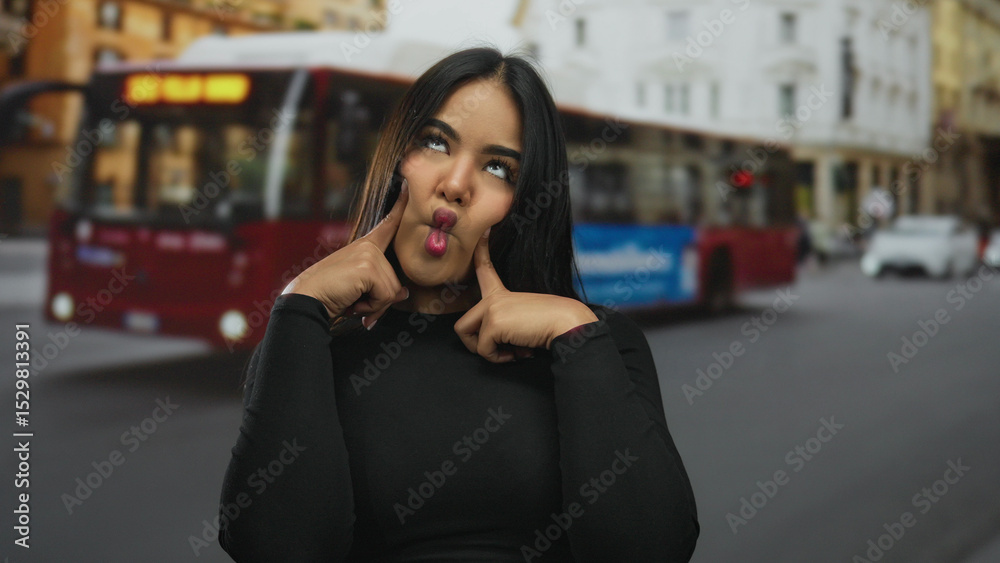 Fototapeta premium Smiling young woman on a busy street with a playful expression, surrounded by a vibrant outdoor city scene, featuring a bustling background and lively urban atmosphere.