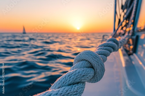 Close-Up of Yacht Rope and Edge with White Boat on Calm Blue Sea under Clear Sky, Evoking Serenity and Nautical Adventure