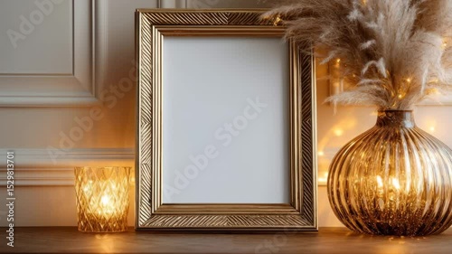 Gold picture frame, decorative vase, and candle holder arrangement