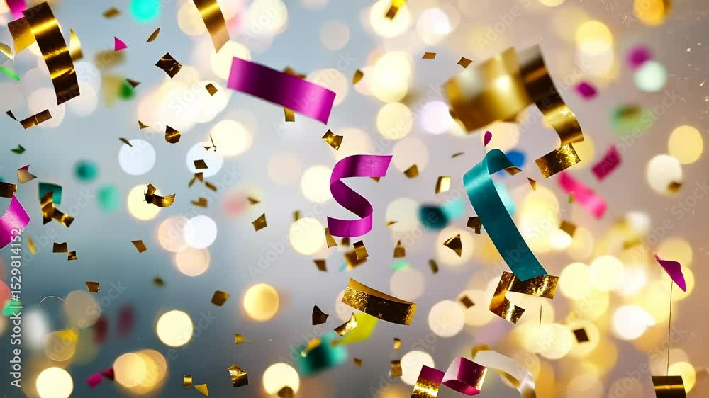 Colorful confetti swirling, gold glitter sparkling, blurred background highlighting jubilant copy celebration party space
