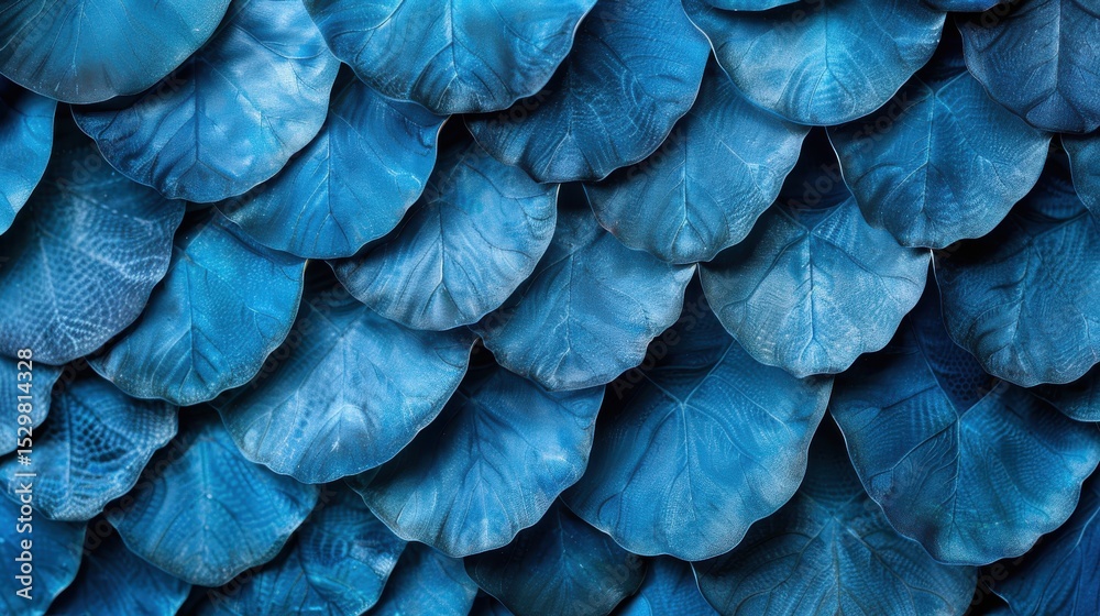 Obraz premium An artistic close-up of vibrant blue leaves layered beautifully, creating an intricate texture that evokes feelings of tranquility and the beauty of nature in artistic expression.