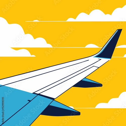 Airplane wing view against a yellow sky with white clouds