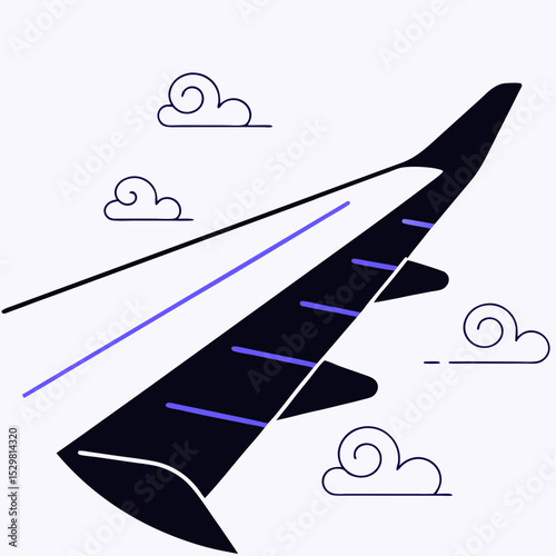 Airplane wing with flaps extended flying through clouds