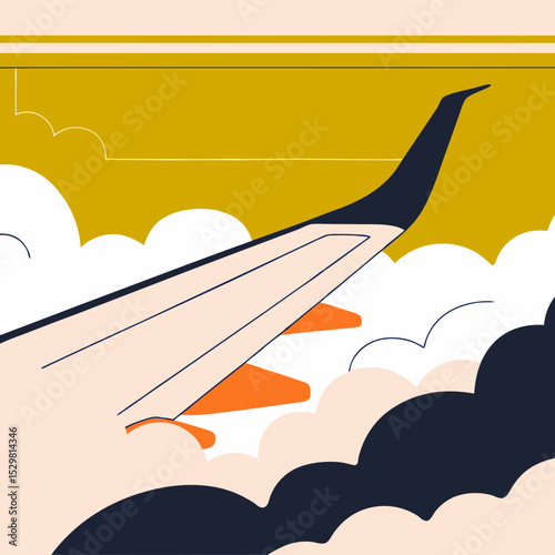 Airplane wing view with clouds and yellow sky background