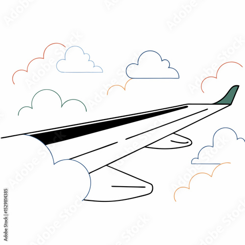 Airplane wing view with clouds on a white background art
