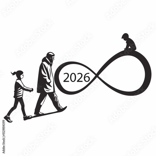 Family walking towards infinity symbol 2026 new year