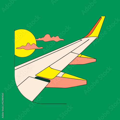 Airplane wing view with sun and clouds on green background