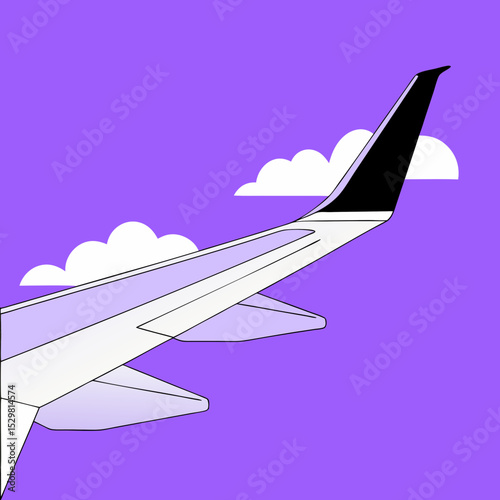 Airplane wing view with clouds against a purple sky art