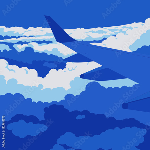 Airplane wing view over a blue sky and fluffy white clouds