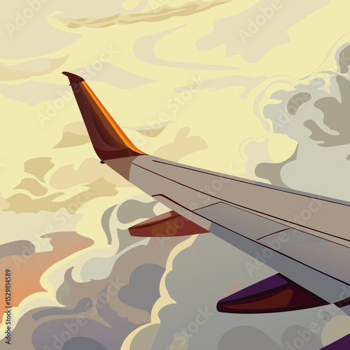 Airplane wing view with clouds during a sunset journey