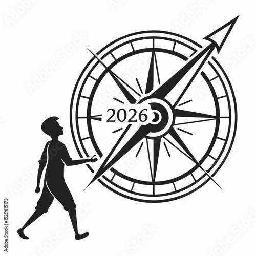 Boy walking towards large compass pointing 2026 new year goals future plans