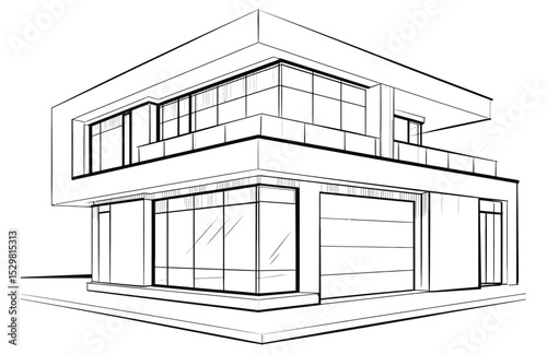 Minimalist Black & White Illustration of a Modern Commercial Building

