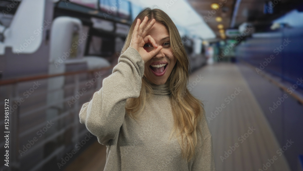Fototapeta premium Woman with hand making ok sign on cruise deck near railing under daylight smiling broadly; joy approval.