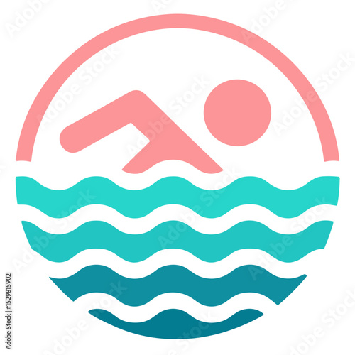 Stylish gradient pastel-colored vector silhouette of a swimmer in waves in a circular design on transparent background